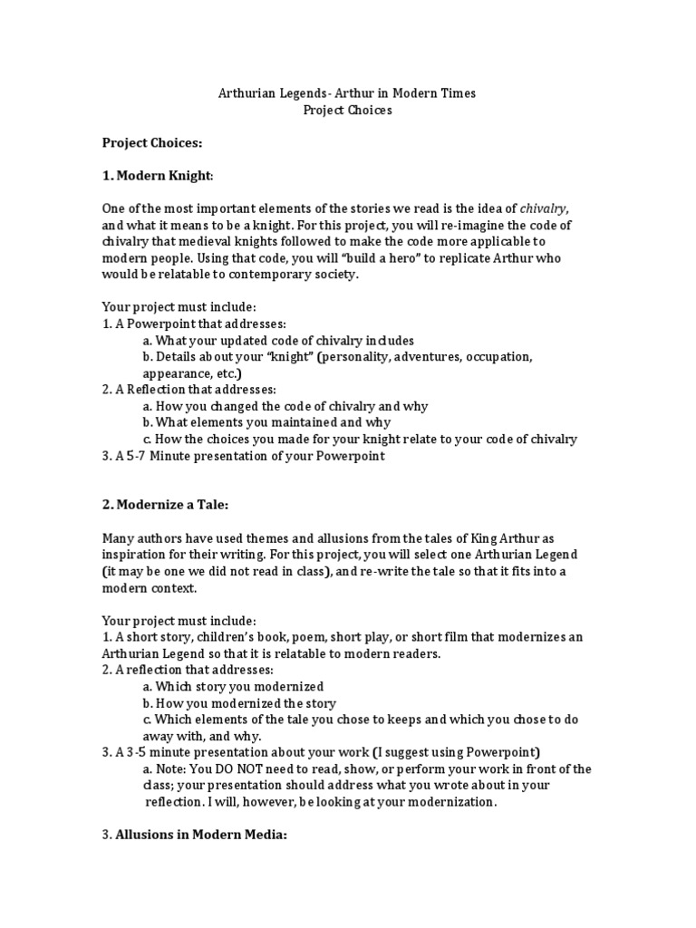 Modernizing Arthurian Legends Projects | PDF | King Arthur | Chivalry