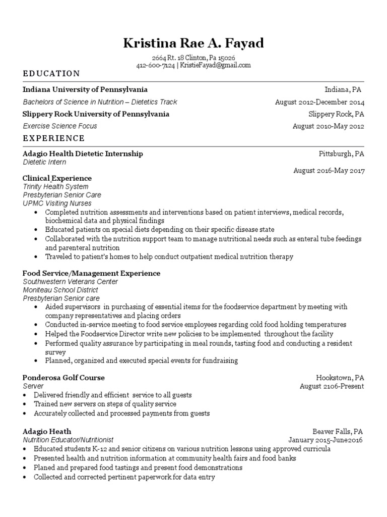 resume summary example for dietitian