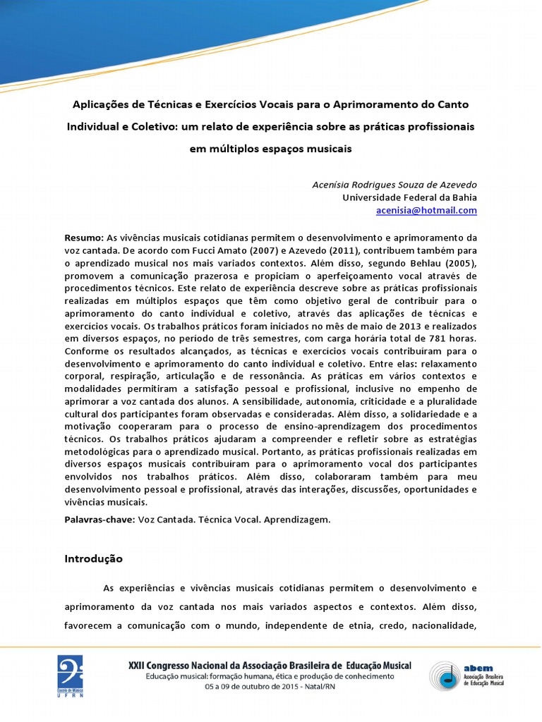 Aplicações De Técnicas E Exercicios Vocais Para Aprimoramento Do Canto