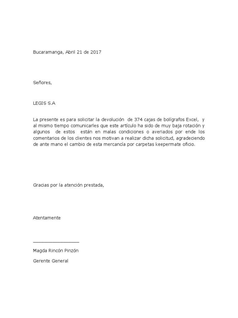 Carta Devolucion Mercancia