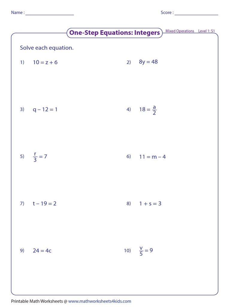 Solving One Step Equations Worksheet | PDF