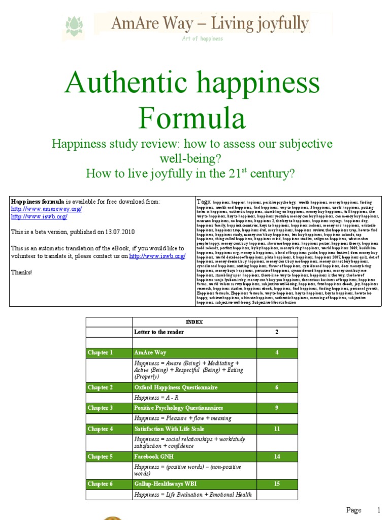 Authentic happiness Formula. Happiness study review Happiness & Self