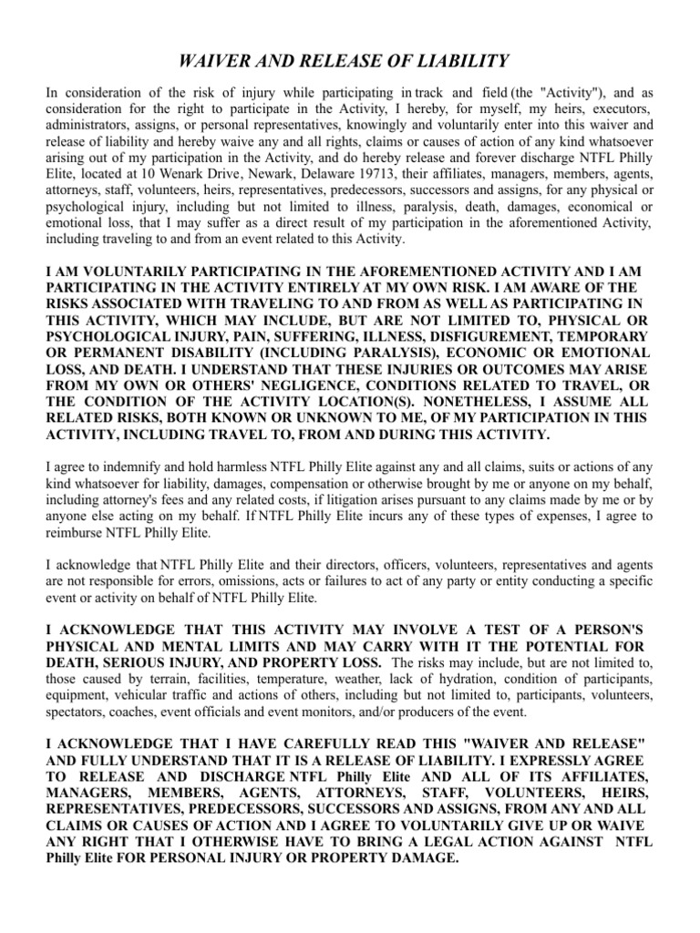 Track and Field Liability Waiver Form | PDF