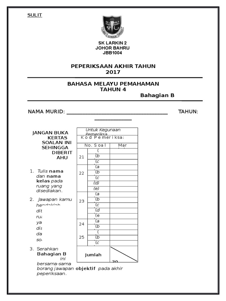 Contoh Muka Depan Ujian Awal Tahun 6 BM PEM B