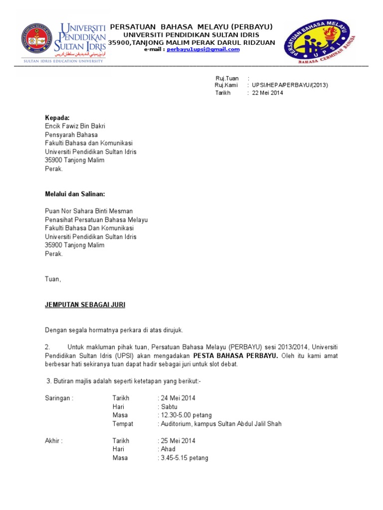 Contoh Surat Jemputan Juri Docx Document