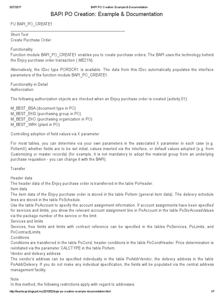 BAPI_PO_CREATE1: Purchase Order Guide | PDF | Information Technology ...