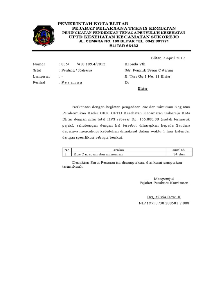 Surat Pesanan Kue