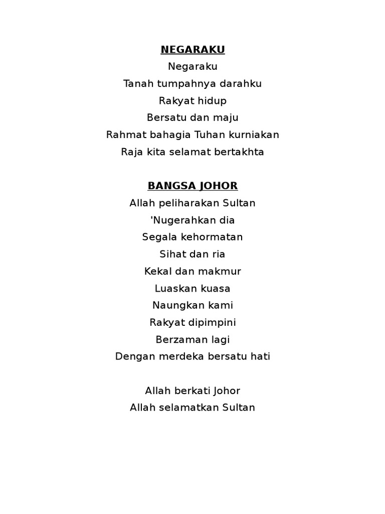 Negaraku Dan Bangsa Johor (Lirik Lagu) | PDF
