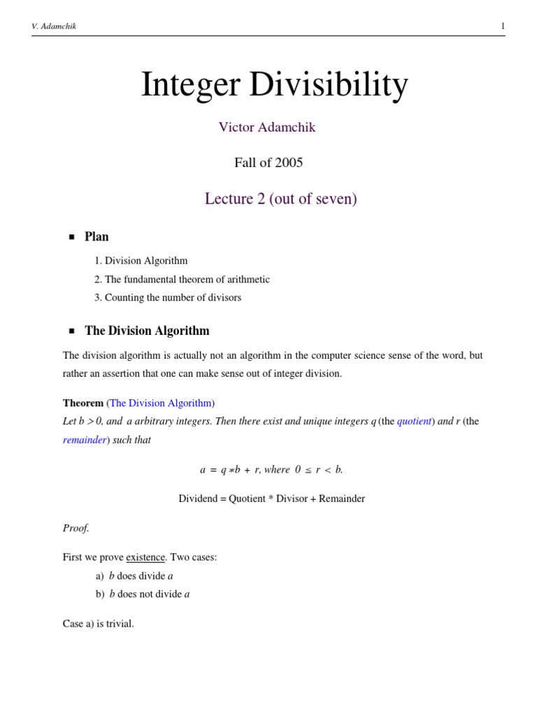 Integer Divisibility: Lecture 2 (Out of Seven) | PDF | Division ...