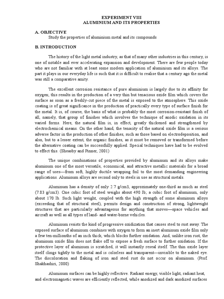 Aluminium and Its Compound Lab Report PDF Aluminium Oxide Aluminium