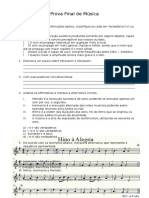 Prova final de música com questões sobre som, infrassom, pauta, melodia, harmonia e ritmo