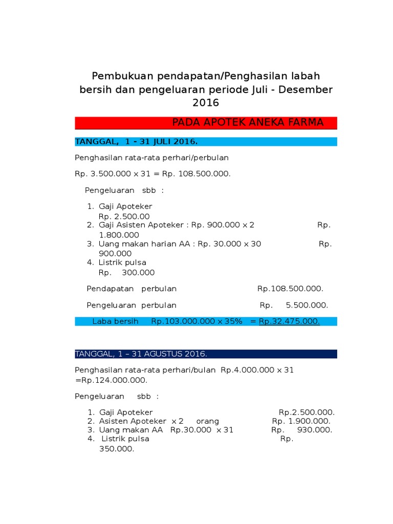 Pembukuan Pendapatan Periode Juni 2016