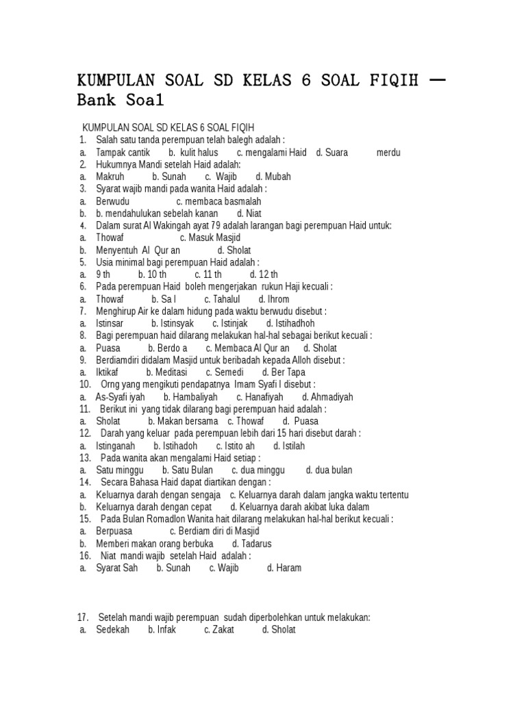 Kumpulan Soal Sd Kelas 6 Soal Fiqih Bank Soal
