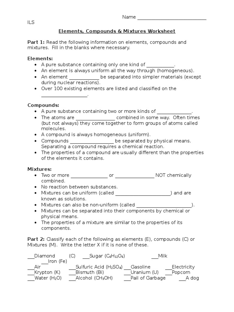 Element Compound Mixture Handout  Chemical Compounds  Chemical Intended For Elements Compounds Amp Mixtures Worksheet