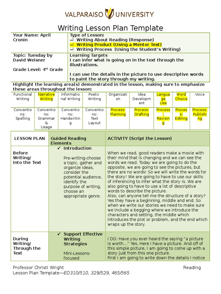 4th Grade Writing Lesson Plan | PDF | Proofreading | Lesson Plan
