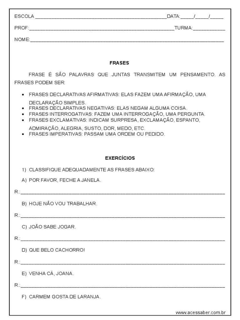 Atividade de Lingua Portuguesa Tipos de Frases 4º Ou 5º Ano | PDF