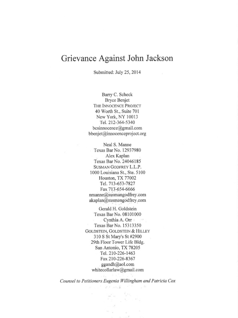 State Bar of Texas Grievance Complaint Against John Jackson PDF Criminal Justice Crime