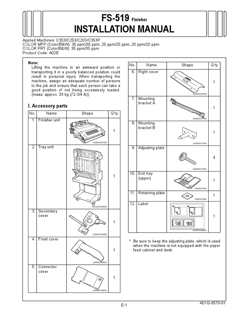 Konica Minolta FS 519 Installation Instructuions | PDF | Screw | Equipment