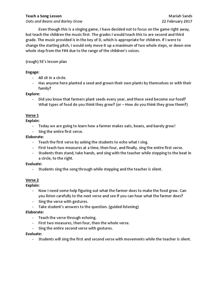 Teaching Oats and Beans and Barley Grow PDF Singing Lesson Plan