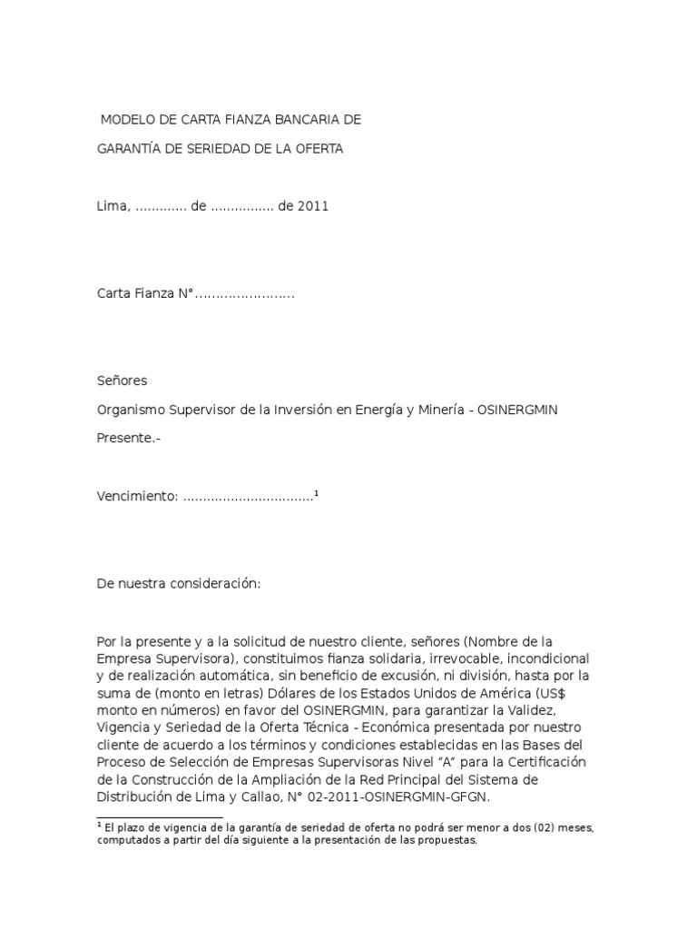 09 Modelo de Cartas Fianzas | PDF | Lima | Bancos