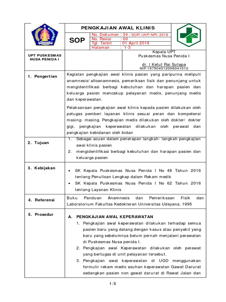 01 Sop Pengkajian Awal Klinis