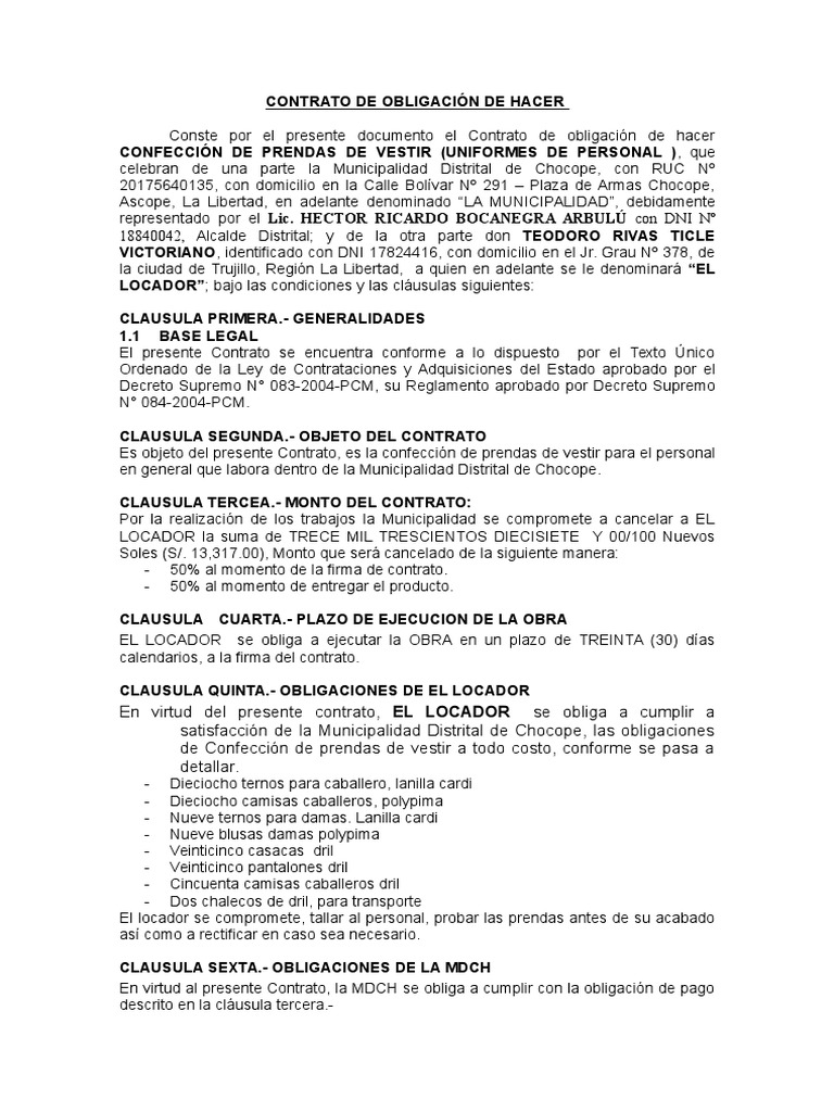 Contrato de Obligacions de Hacer PDF Camisa Ropa