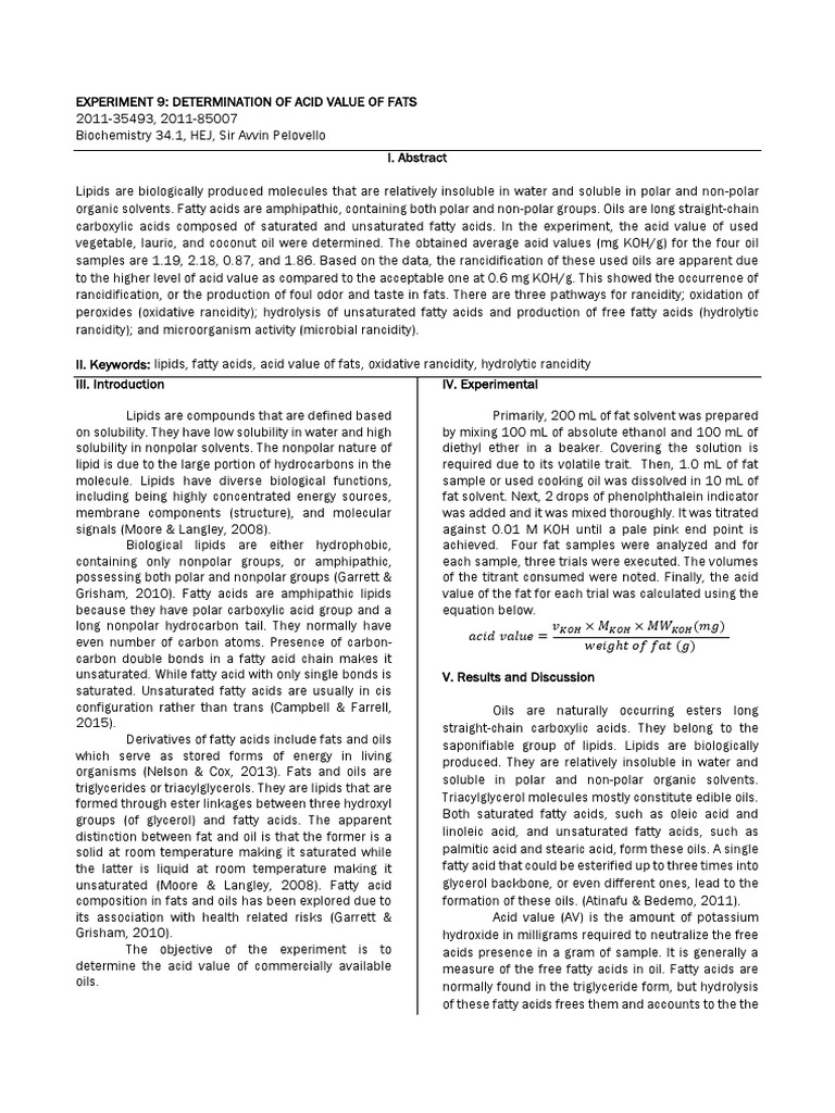 Acid Value Determination of Fats | PDF | Lipid | Fatty Acid