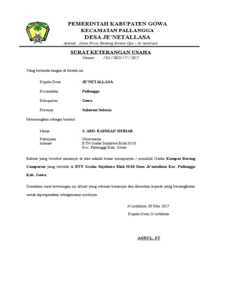 Surat Keterangan Usaha Dari Kecamatan