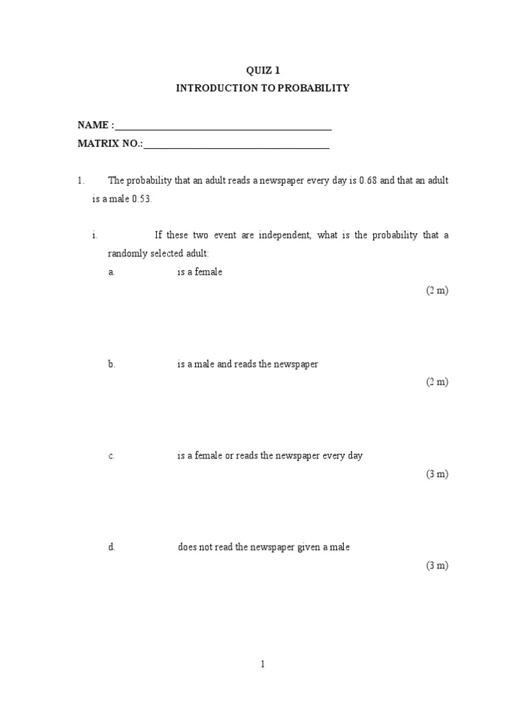 Quiz 1 Introduction To Probability | PDF | Teaching Mathematics