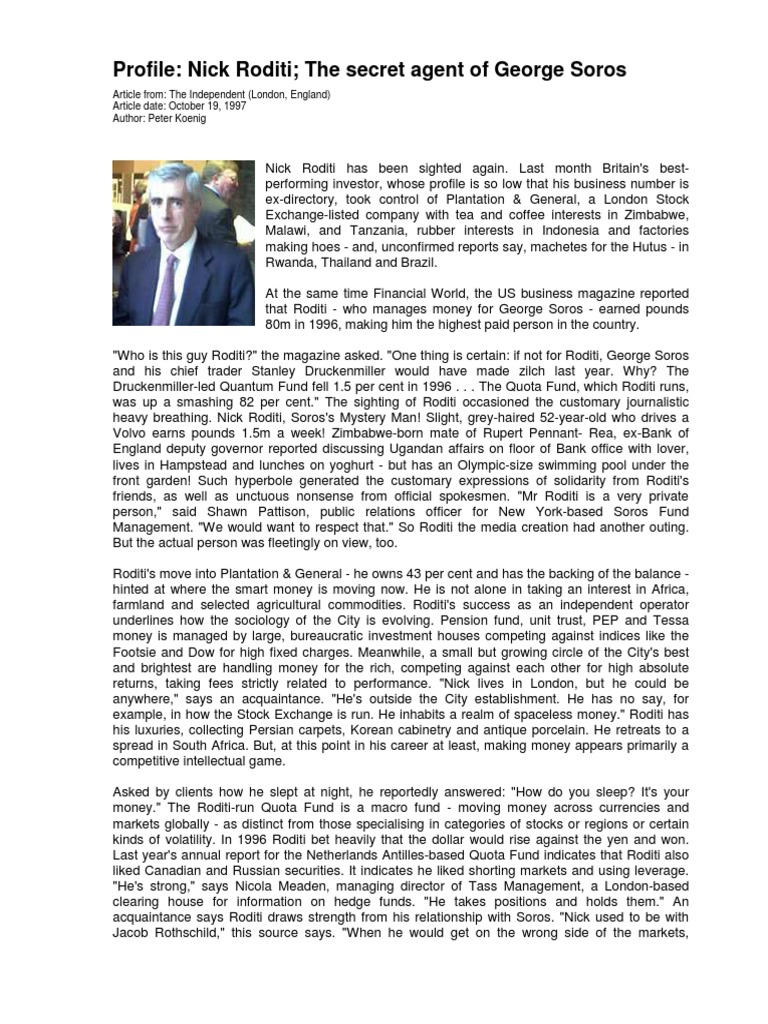 Profile Nick Roditi The Secret Agent of Soros PDF Hedge
