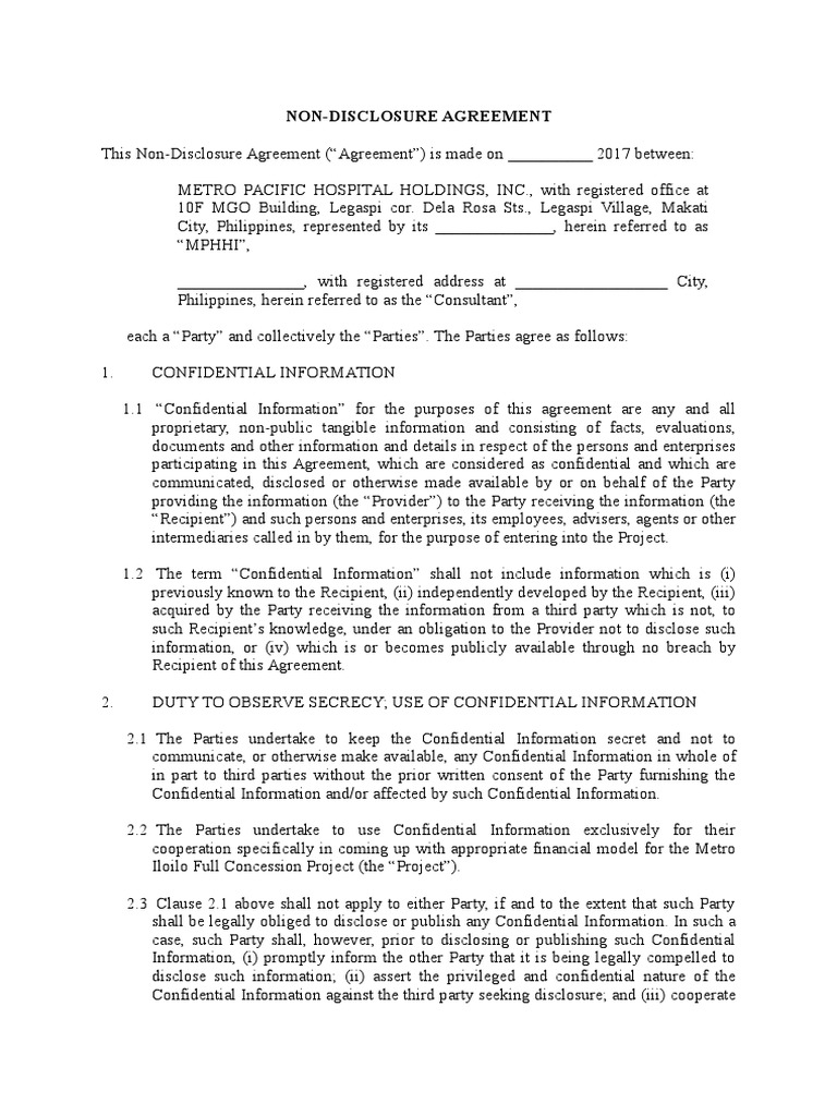 NDA Template Consultancy Non Disclosure Agreement Confidentiality