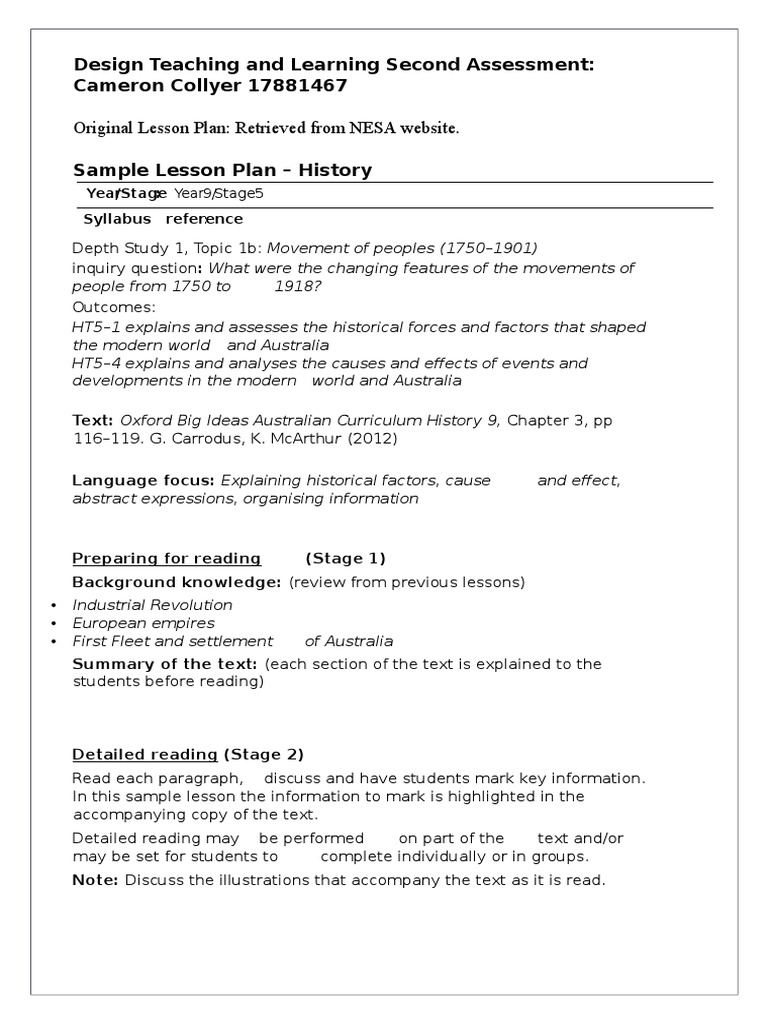 Original Lesson Plan Retrieved From NESA Website PDF Indigenous