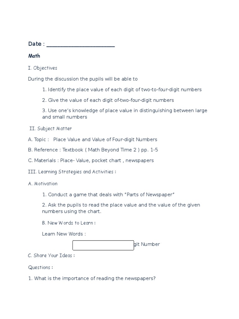 Four-Digit Place Value Lesson Plan | PDF | Lesson Plan | Teaching