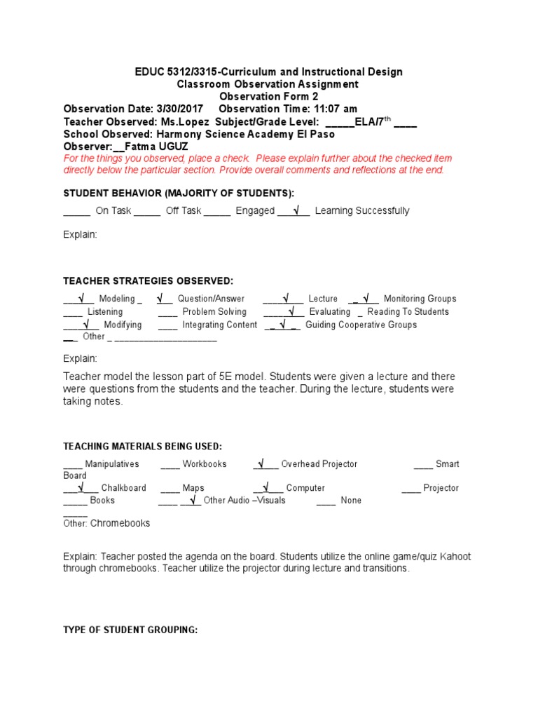 Classroom Observation Assignment-Form 2 Blank | PDF | Lecture | Teachers
