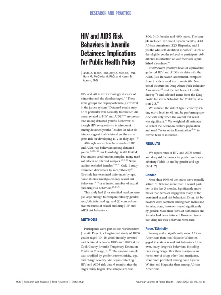 HIV and AIDS Risk Behaviors in Juvenile Detainees: Implications For ...