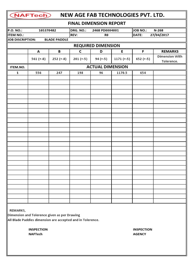 Final Dimension Report for Blade Paddle | PDF