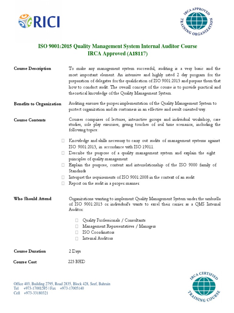 Brochure For QMS 9001 Internal Auditor | PDF | Internal Audit | Audit
