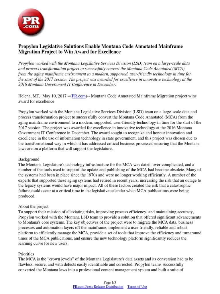 Propylon Legislative Solutions Enable Montana Code Annotated Mainframe