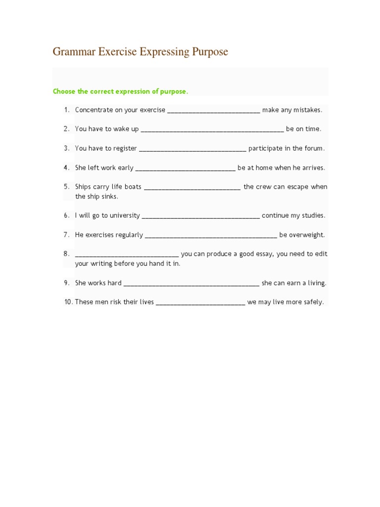 Purpose Expression Grammar Exercises | PDF | Self-Improvement