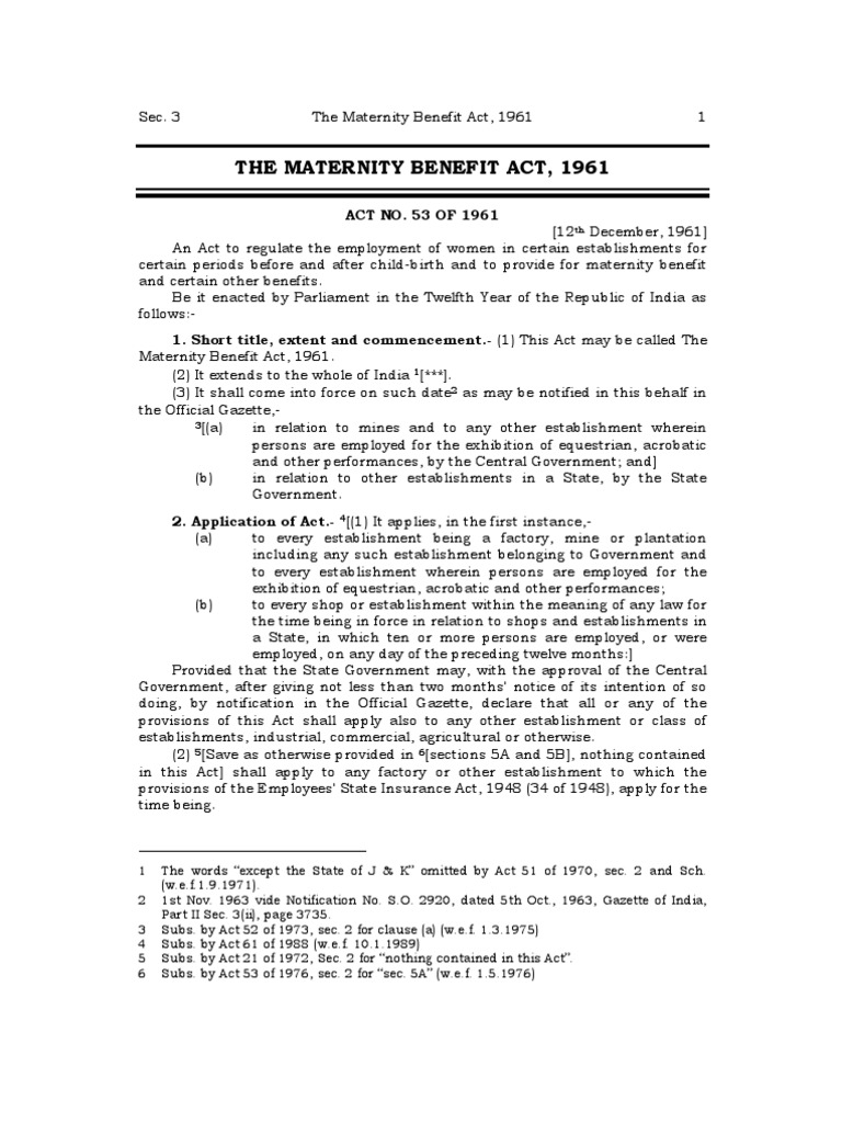 The Maternity Benefit Act, 1961 Pregnancy Fine (Penalty) Free 30
