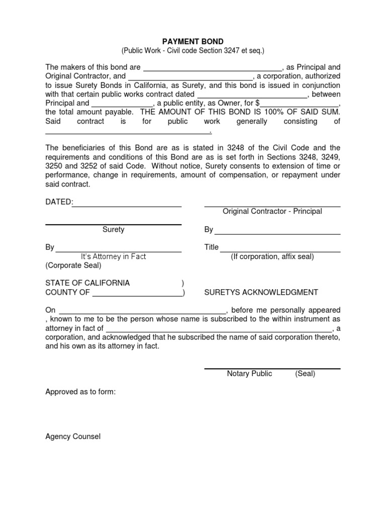 PAYMENT BOND and Performance Bond | Surety Bond | Contract Law