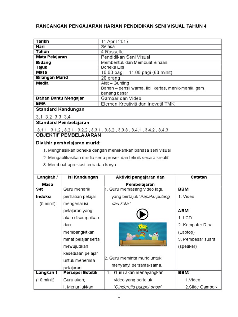 Rancangan Pengajaran Harian Pendidikan Seni Visual Tahun 4 | PDF