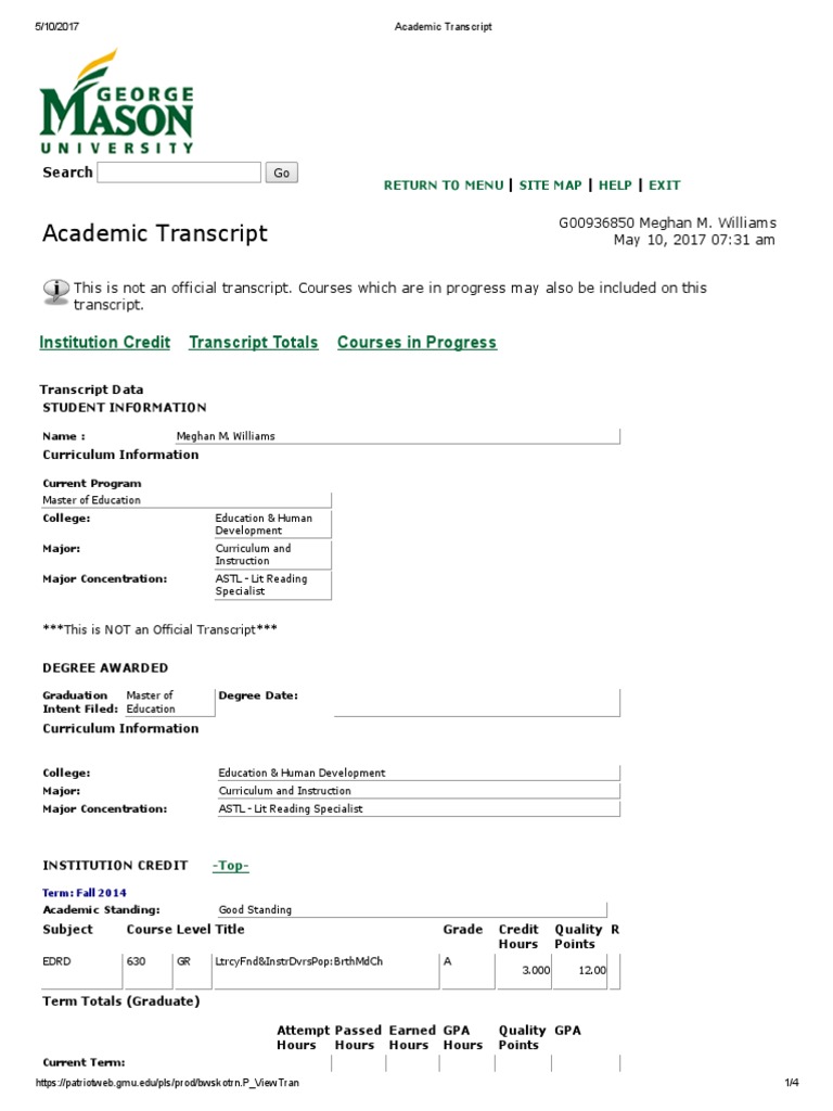 2017 Gmu Transcript-Unofficial | PDF | Grading (Education) | Course Credit