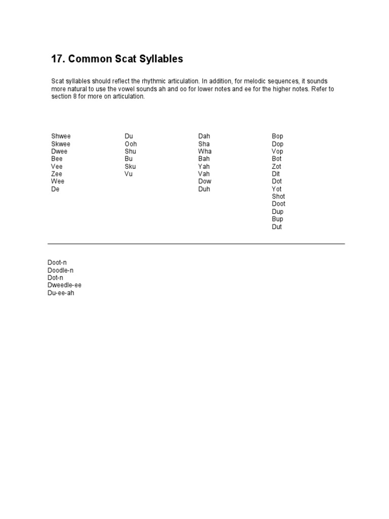 Common Scat Syllables PDF Vocal Music American Popular Music