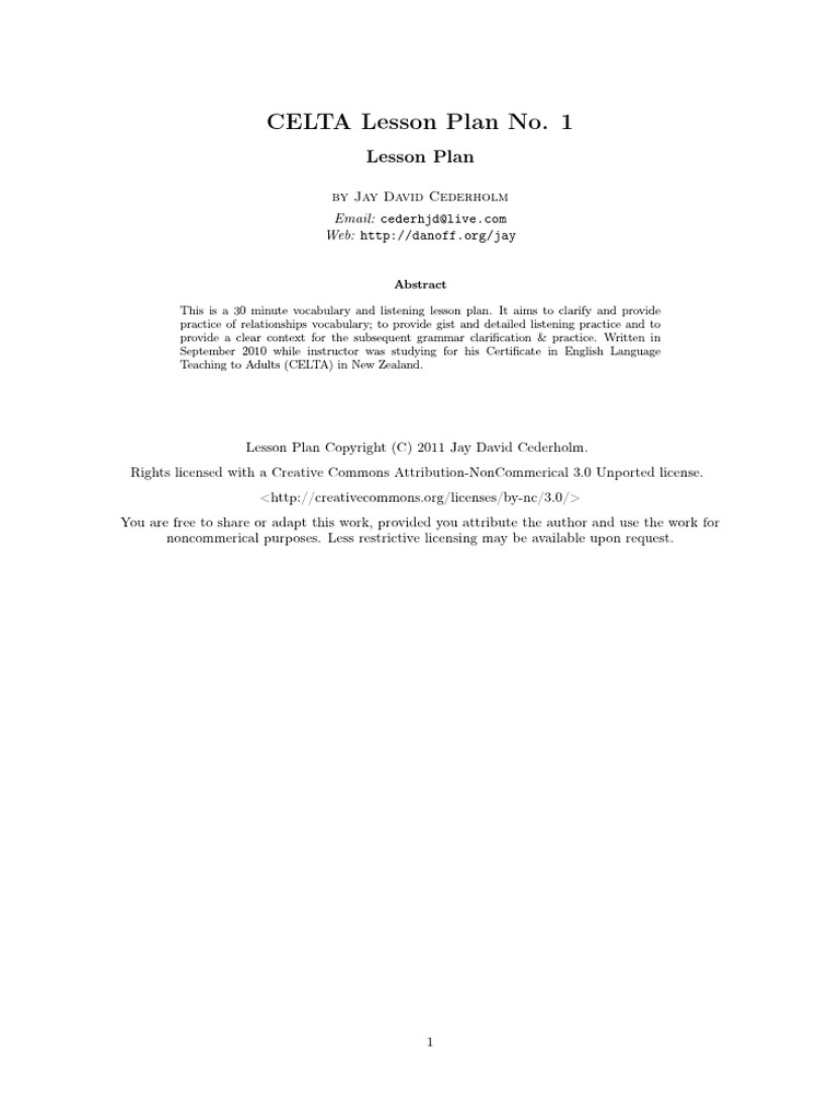 Celta Lesson Plan No 1 Download Free Pdf Lesson Plan Vocabulary