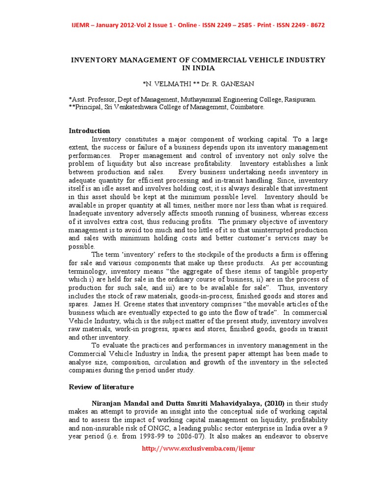 Inventory Management of Commercial Vehicle Industry in India PDF | PDF ...