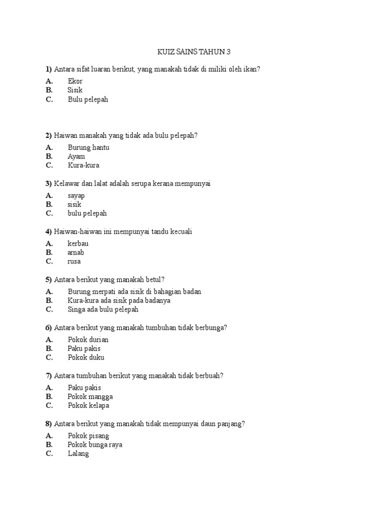 Kuiz Sains Tahun 3 Pdf