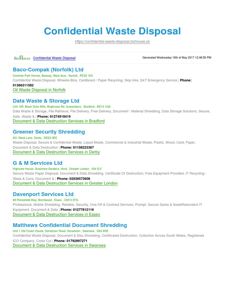 Confidential Waste Disposal BizHouse Uk PDF Waste Management