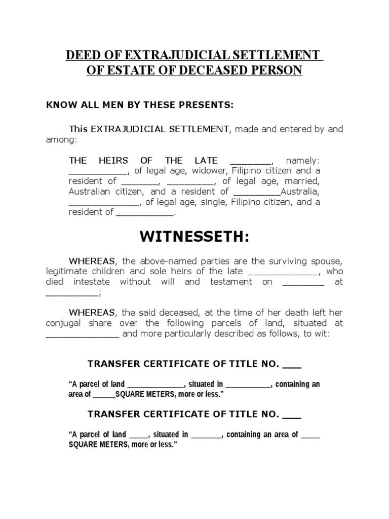 Deed of Extrajudicial Settlement of Estate of Deceased Person PDF
