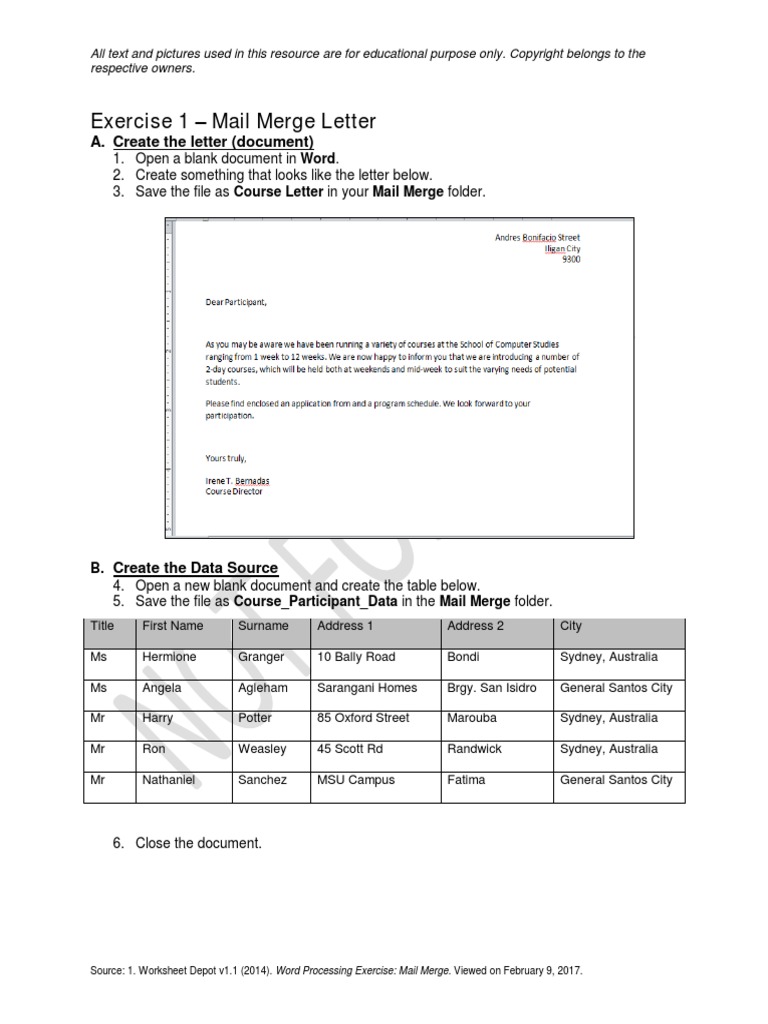 Exercise 1 - Mail Merge Letter: A. Create The Letter (Document) | PDF
